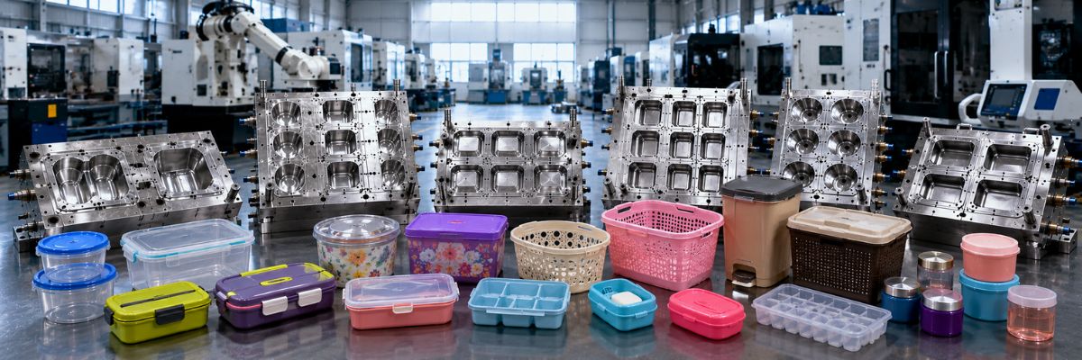 Precision plastic houseware mould manufacturing for food containers, lunch boxes, baskets, dustbins, cosmetic boxes, and storage products in India.