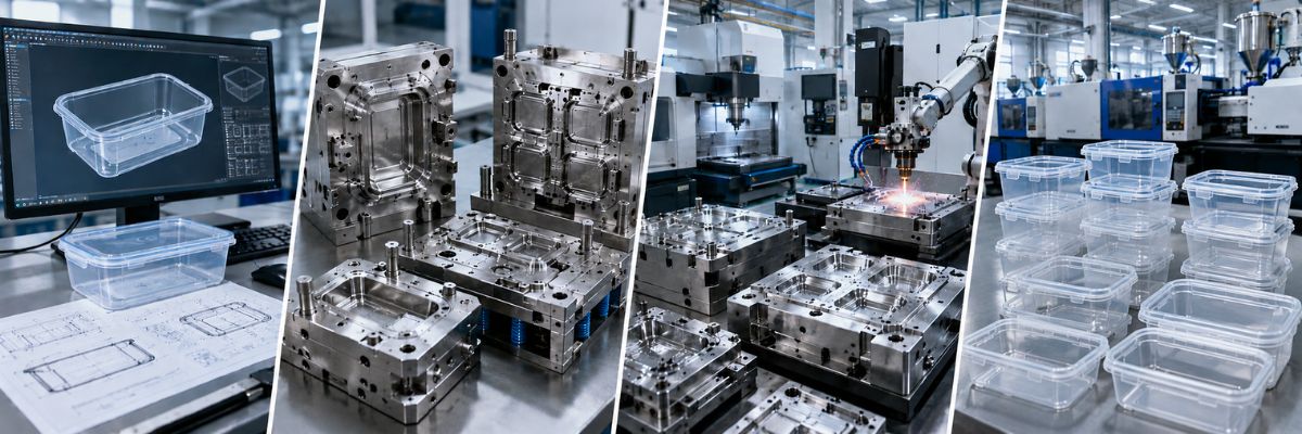 Precision plastic food container mould manufacturing process with CAD design, CNC machining, steel moulds, and finished food containers.